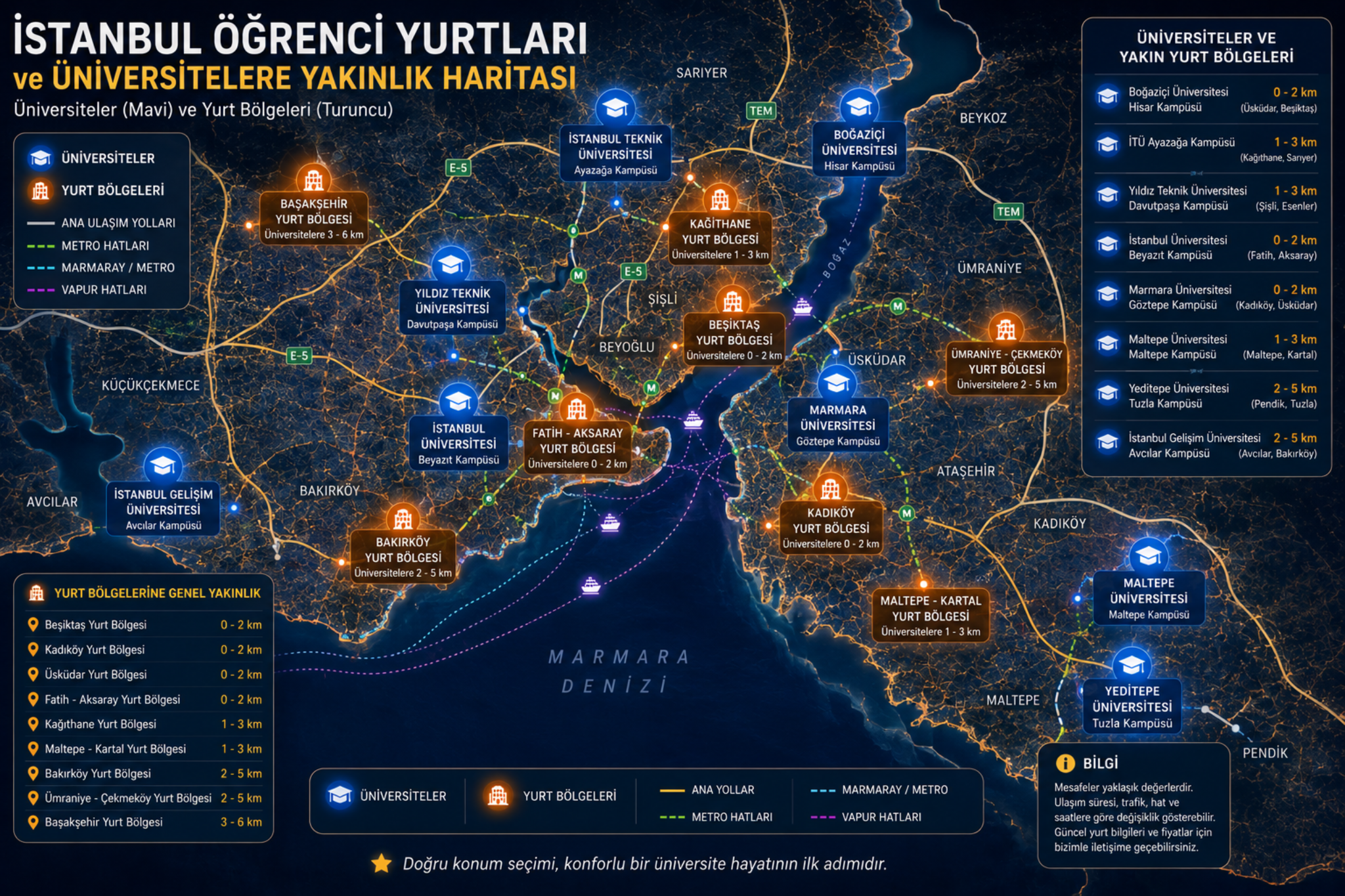 İstanbul öğrenci yurtları ve üniversitelere yakınlık haritası
